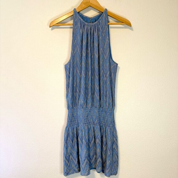 Ramy Brook Paris Blue Halter Drop Waist Chevron Metallic Mini Dress Size Medium - Picture 1 of 11